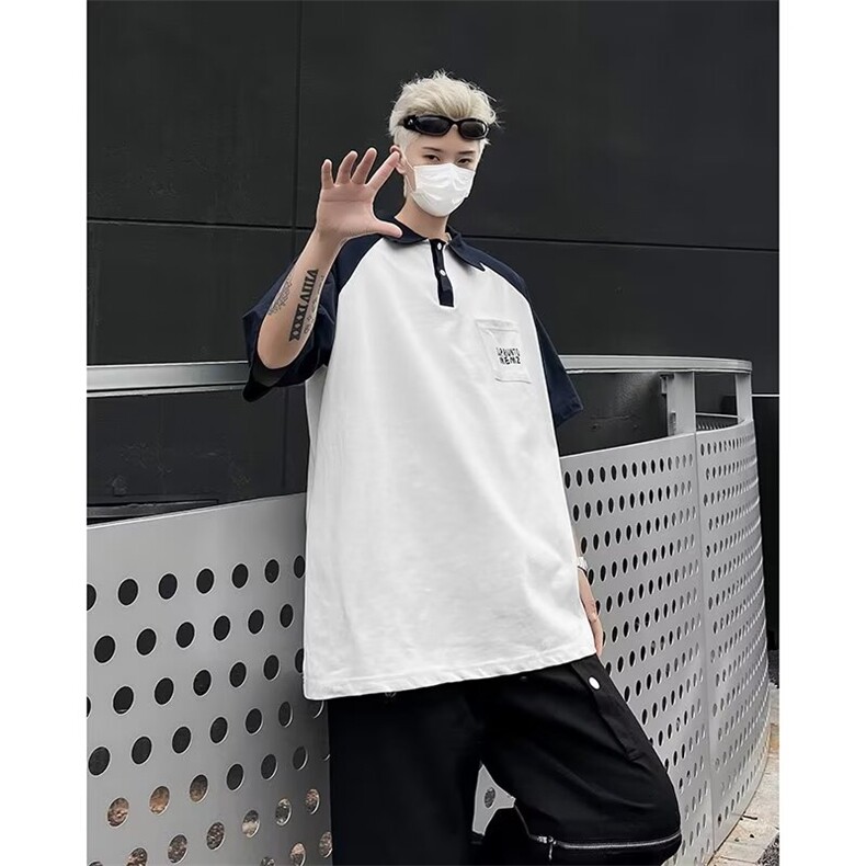撞色polo衫短袖男美式复古重磅t恤夏季新款ins潮牌高街五分袖上衣,男装T恤,星座1013