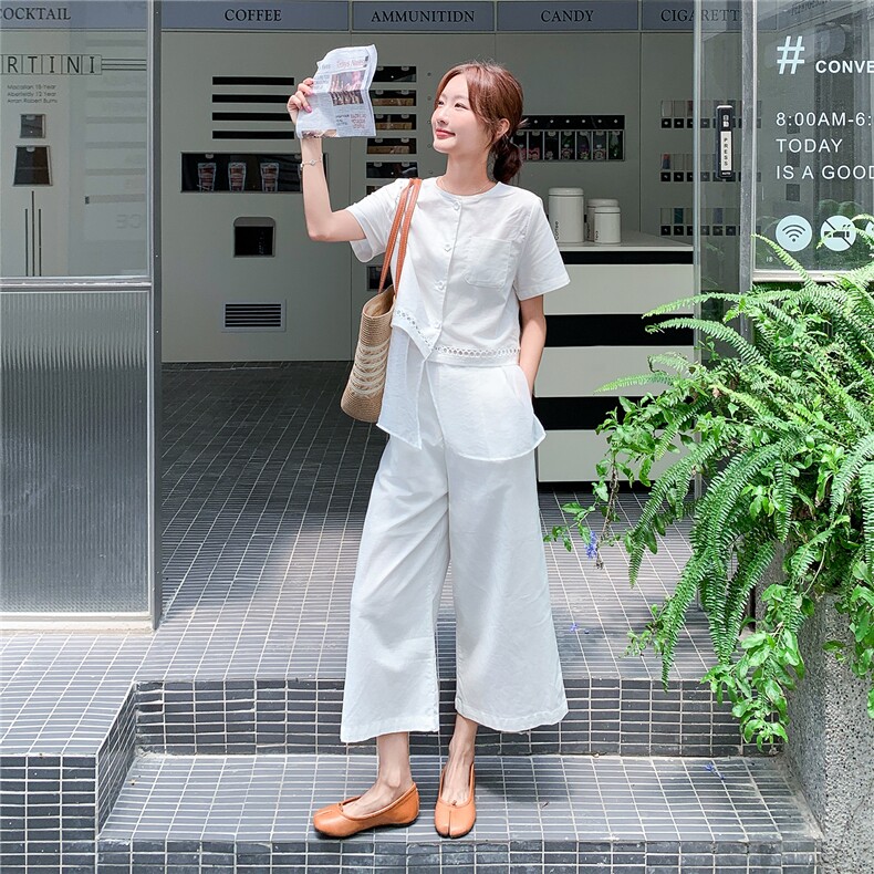 简单大方穿搭韩系chic网纱拼接白色上衣套装女夏好看阔腿裤两件套图片