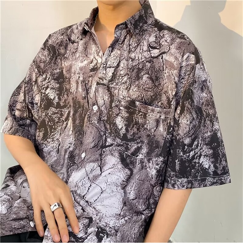 扎染灰色衬衫短袖男夏季小众高街潮牌美式衬衫C1102P26,男装衬衫,星座1116-2