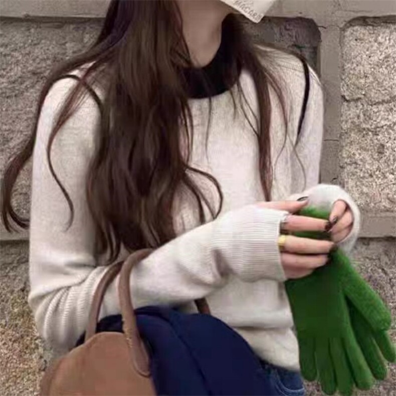 2025年秋季新款拼色圆领针织套头上衣时尚休闲百搭，女装针织衫/毛衣，旭驰羊绒