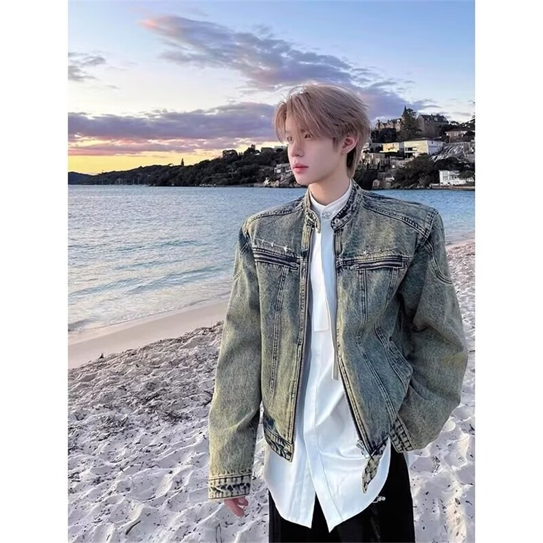 春秋长袖无领美式短款牛仔外套男潮痞帅外穿夹克衣网图JK102-P78，男装夹克，星座302B-2