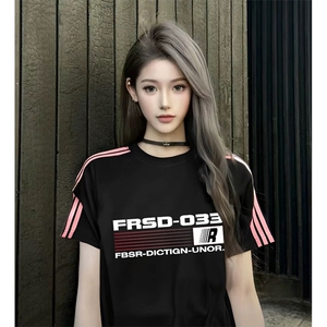 抖音得物品质二开240克宽松纯棉美式潮牌印花三条杠中性风短袖T恤图片