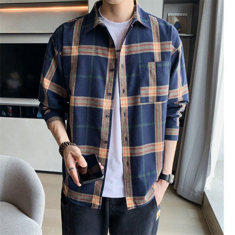 男士格子外套长袖衬衫宽松春秋新款潮流上衣服DF01T图片