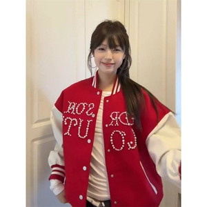 【现货】DW1013-P95美式街头撞色珍珠宽松百搭棒球服夹克外套女潮图片