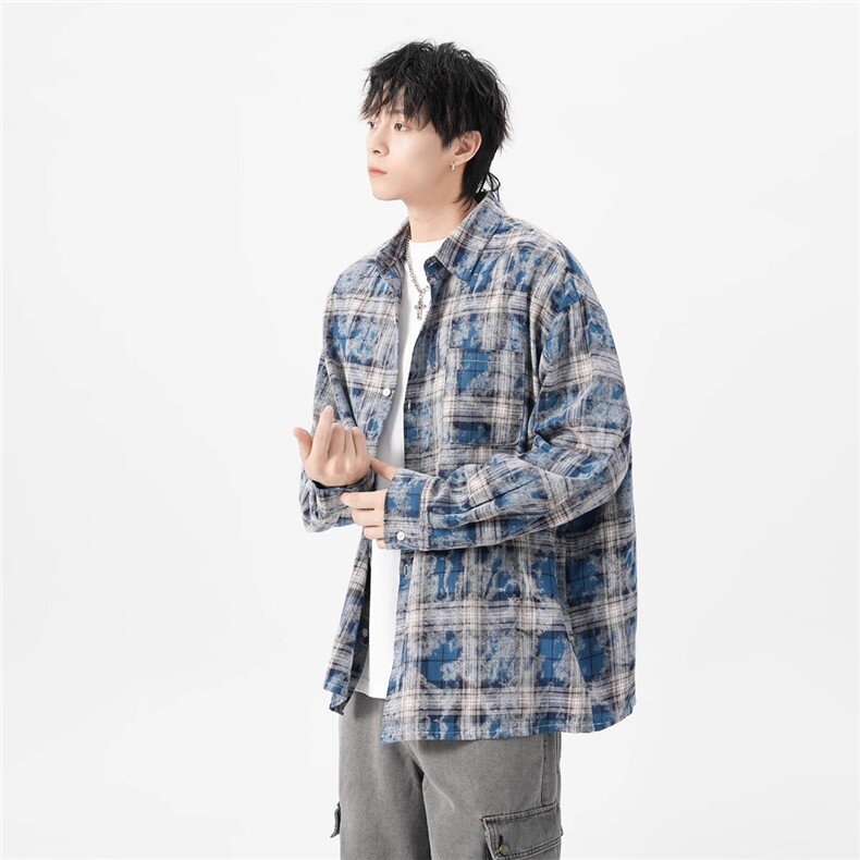 美式复古格子长袖衬衫男秋季朝牌痞帅宽松休闲外套高级ZJ03P40,男装衬衫,星座1112-1