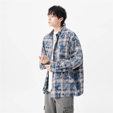 美式复古格子长袖衬衫男秋季朝牌痞帅宽松休闲外套高级ZJ03P40，男装衬衫，星座1112-1