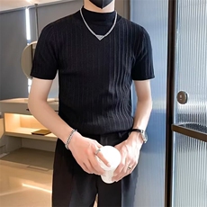 高质量夏季日系男条纹针织半高领T恤短袖修身纯色打底衫紧身上衣，男装T恤，星座1013