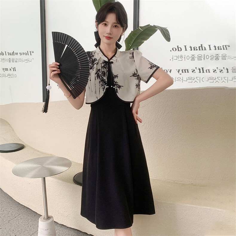 2025夏季新款时尚优雅风范复古盘扣两件套连衣裙,女装连衣裙,超帛