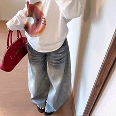 美式复古直筒牛仔裤春季绣花垂感休闲阔腿拖地裤子NZ6643，男装牛仔裤，星座516A