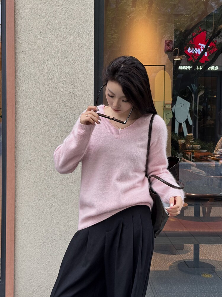 V领宽松型纯色厚款套头拉绒羊毛衫高支进口羊毛不掉毛不起球加厚,女装羊毛衫,优麦羊绒（原洪叶羊绒）