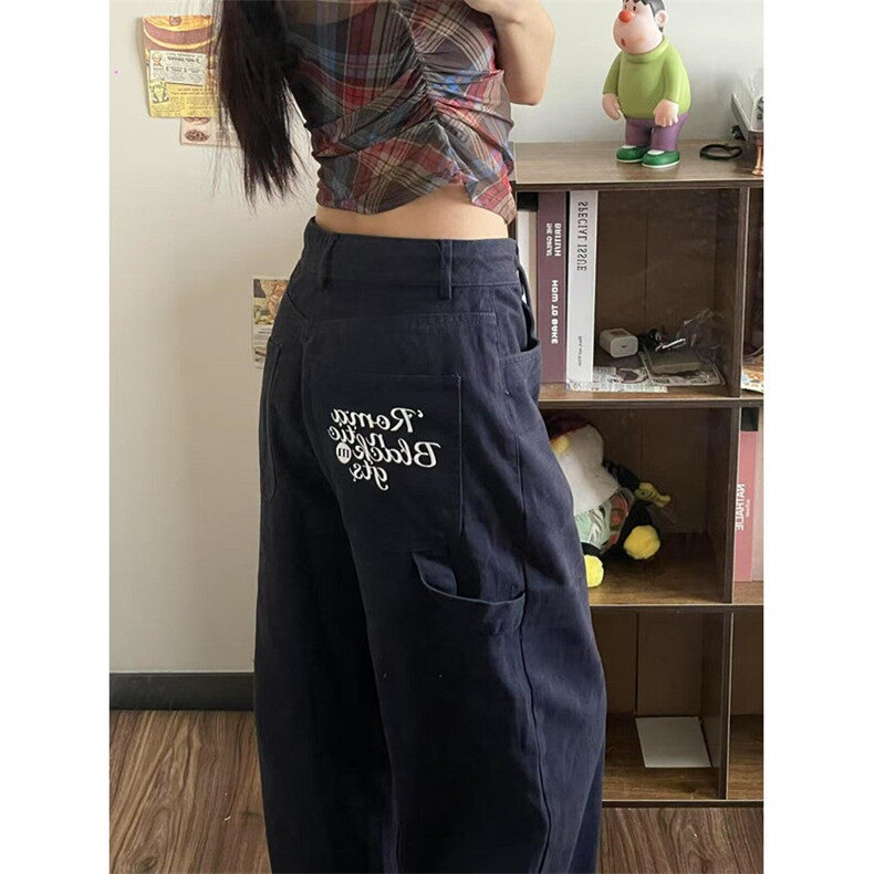 复古字母刺绣宽松直筒腰带绳工装裤男女阔腿休闲百搭长裤N3309,男装牛仔裤,星座1116A（原606A-3）