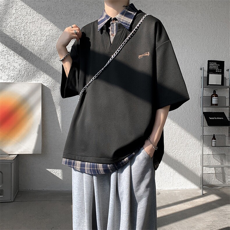 T10110-特批35夏季撞色拼接假两件高级感衬衫领男大码短袖T恤,男装T恤,电商A059
