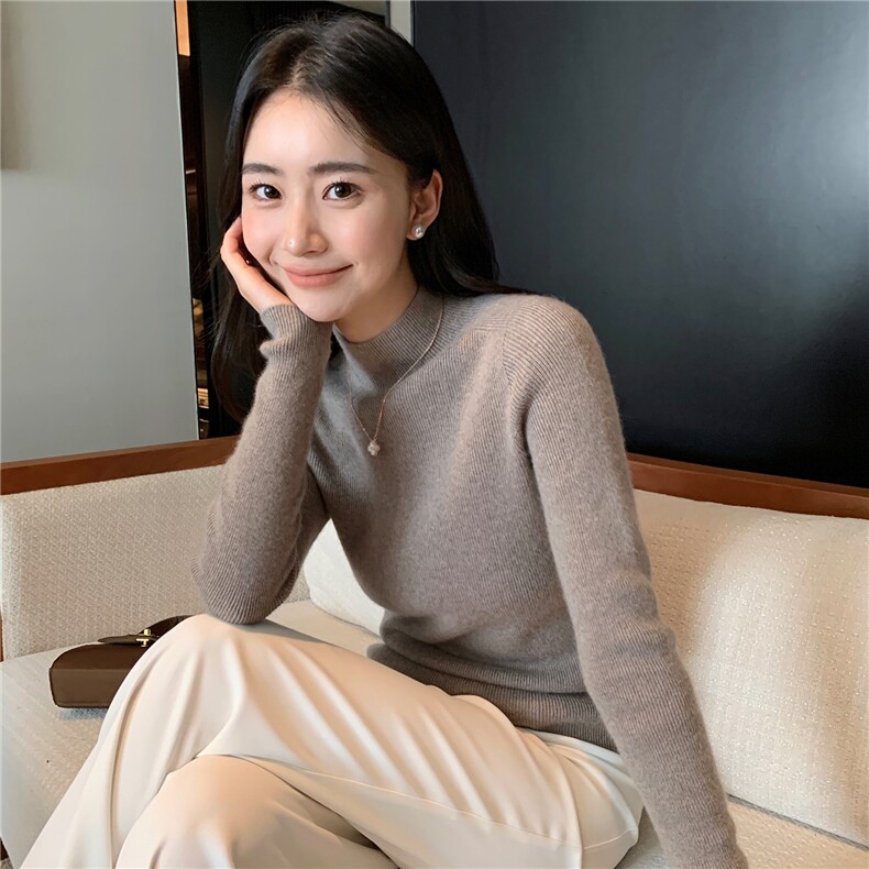 2025秋冬百搭时尚简约半高领打底修身显瘦舒适保暖打底衫,女装羊绒衫,玛卡隆羊绒