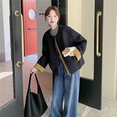 轻熟风撞色拼接毛呢外套女秋冬新款小个子加厚高级感气质呢大衣，女装毛呢外套，2C090