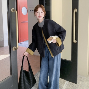 轻熟风撞色拼接毛呢外套女秋冬新款小个子加厚高级感气质呢大衣图片
