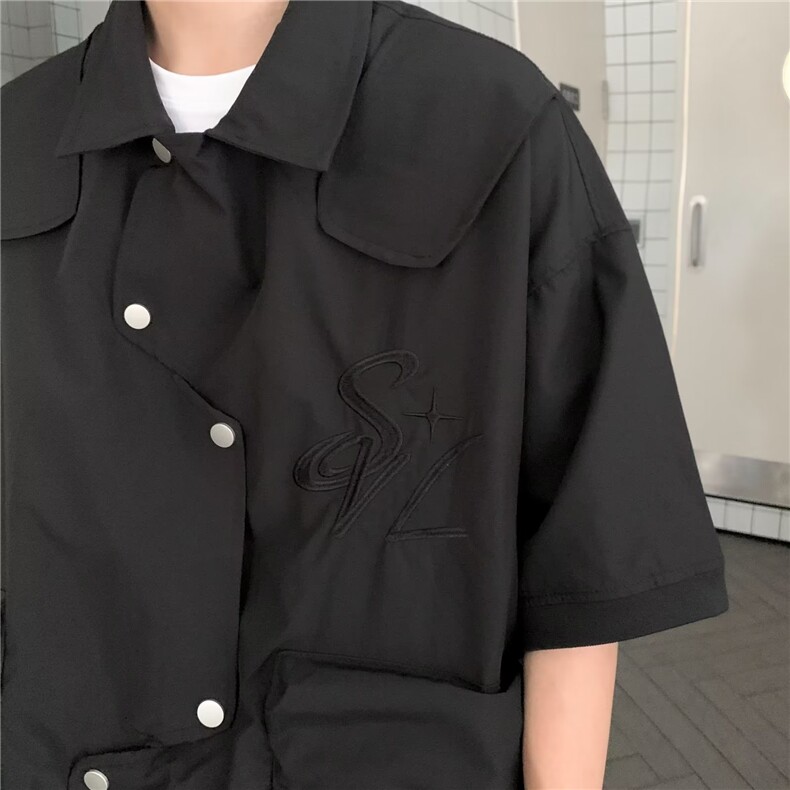 小众不规则短袖衬衫男美式半袖设计感复古宽松情侣衬衣S1275-P50图片