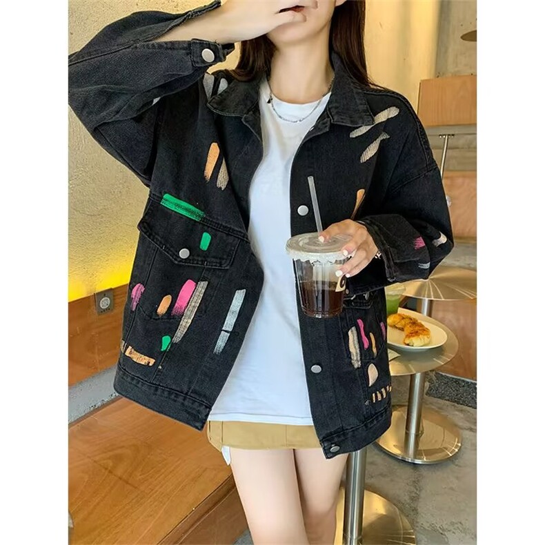 887-P52彩色涂鸦牛仔外套女春秋新款大码胖MM设计感小众,男装工装外套,电商B323A