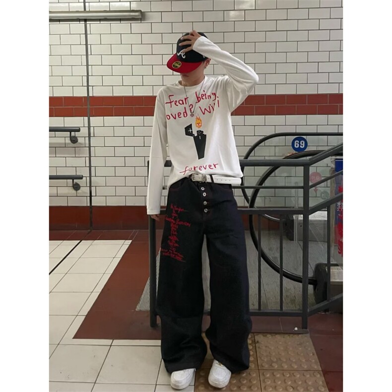 美式闪电贴布阔腿牛仔裤男春秋潮牌涂鸦水洗宽松直筒长裤NZ8020,男装牛仔裤,星座516A