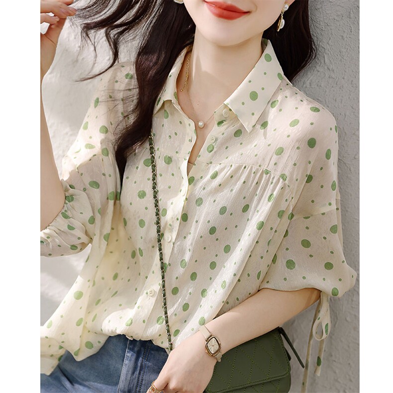 夏季韩版衬衣波点百搭上衣翻领短袖衬衫,女装衬衫,美吧服饰