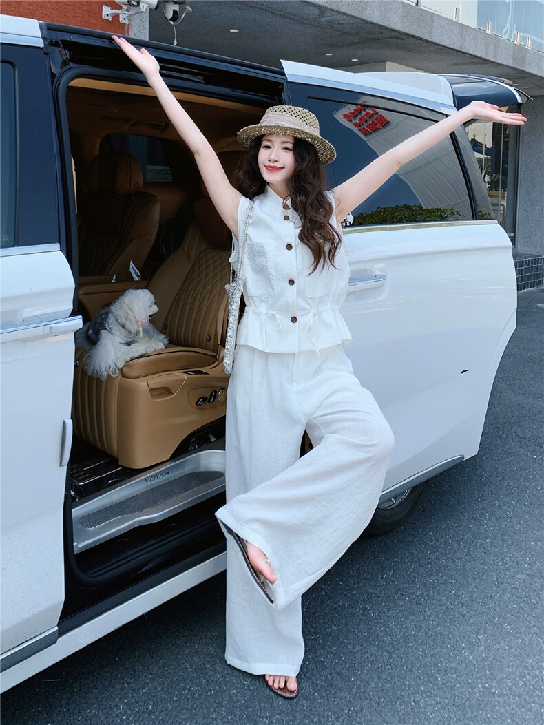 轻熟气质套装裤2026夏季新款高级感刺绣无袖马甲阔腿裤两件套,女装套装/套裙,冬木谷雨