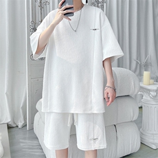 特批P50无差价夏季肌理感冰丝凉感顺滑高级感潮牌五分套装男TZ329，男装休闲套装，电商A001
