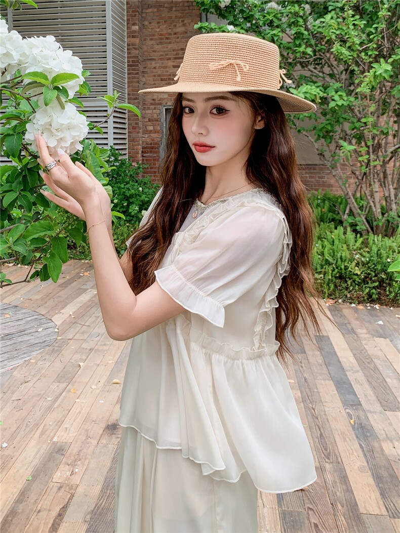 超仙时尚雪纺套装女2026夏新款半透减龄无袖木耳边阔腿裙裤两件套,女装套装/套裙,水衣源