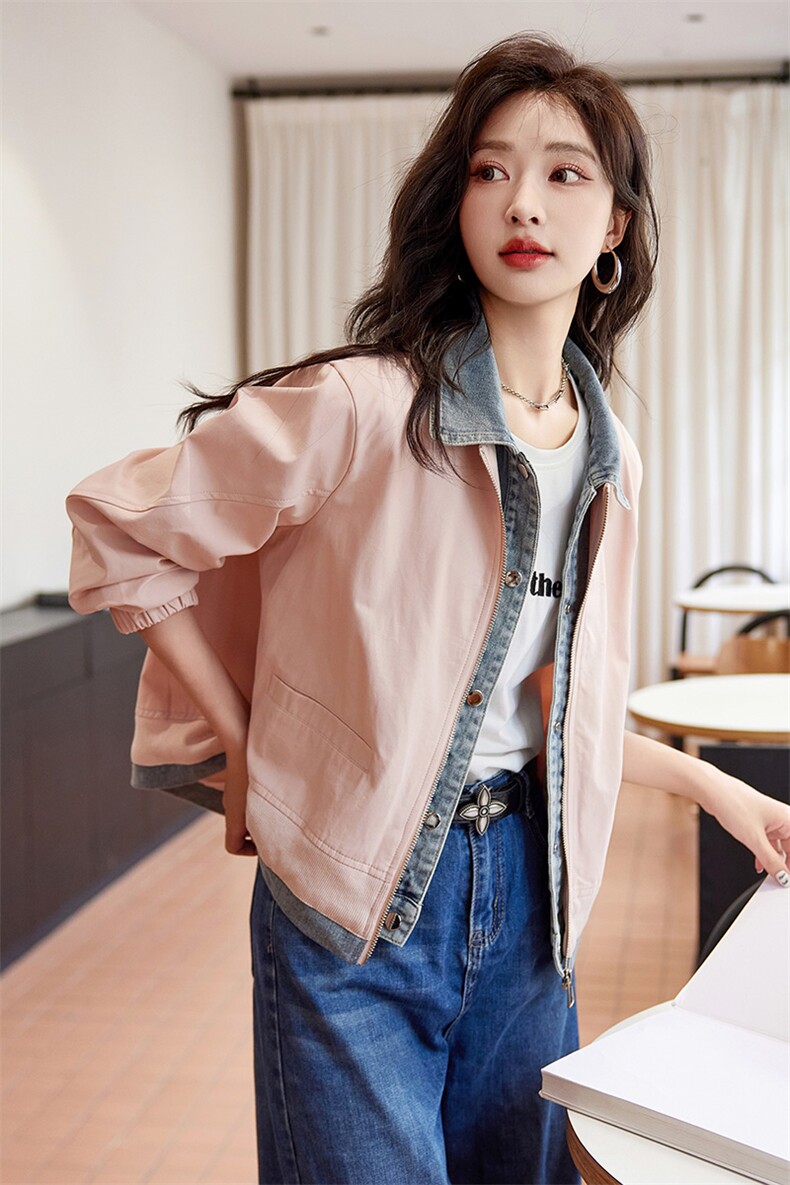 牛仔拼接假两件粉色外套女早春季2024新款今年流行设计感夹克上衣,女装短外套,韩蜜菓