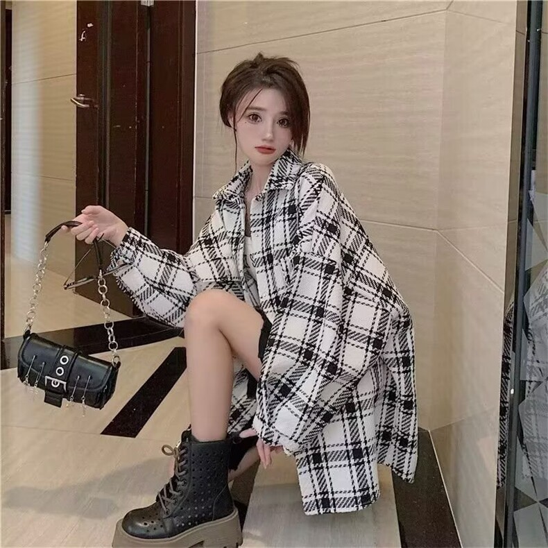 451-P47磨毛格子衬衫女长袖秋季2025新款复古港风宽松设计感,男装衬衫,电商B323A
