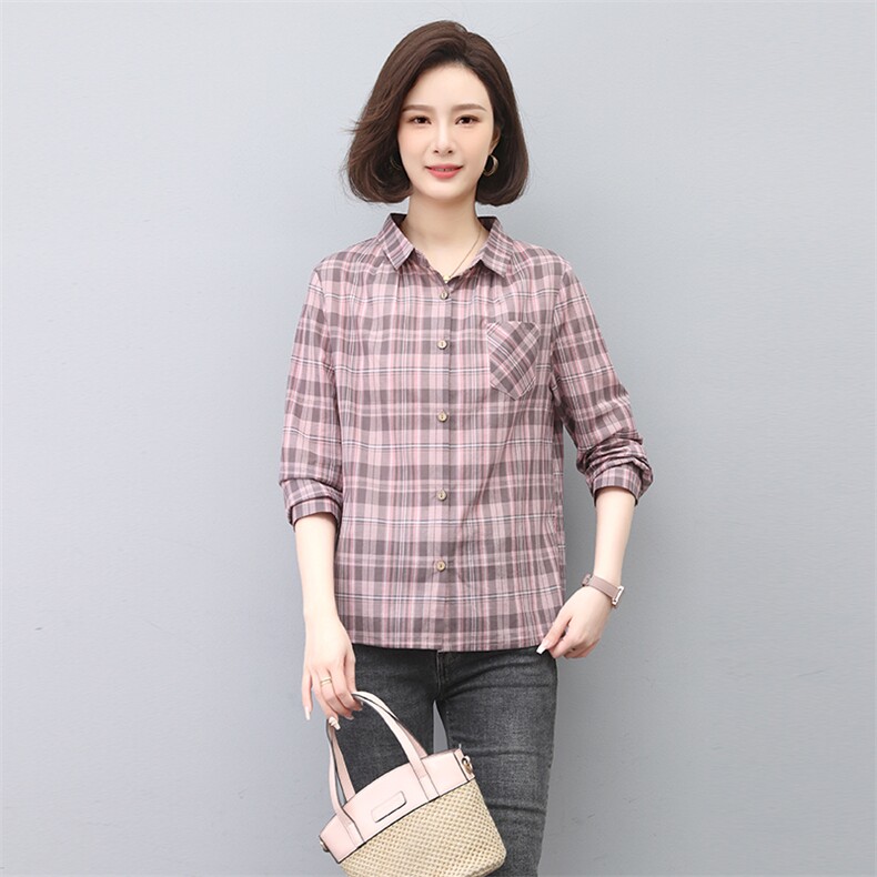 纯棉格子衬衣女款2025新款春秋中老年女士衬衫妈妈长袖上衣,女装衬衫,独衣靓