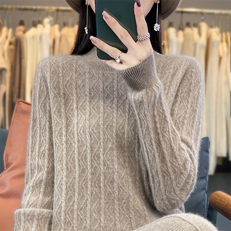 2332半高领羊毛衫女宽松百搭纯色加厚毛衣女针织打底衫,女装羊毛衫,邓利维