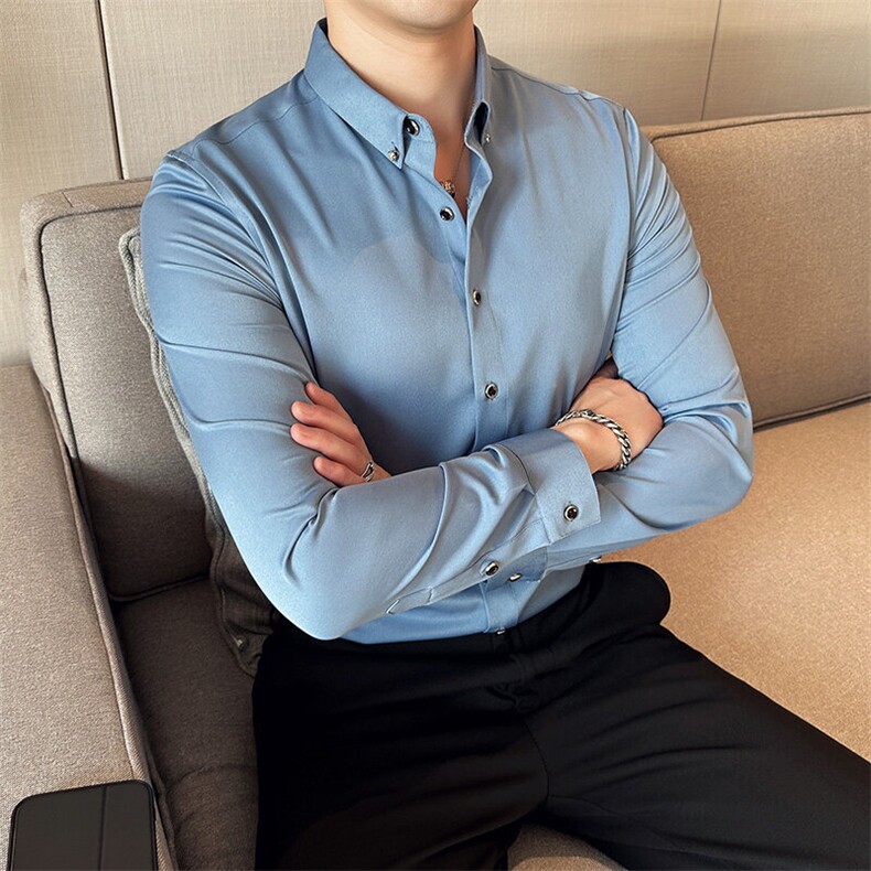 2025春节新款钻扣免烫纯棉修身衬衫面料成分95棉5氨纶P45控89，男装衬衫，电商B368