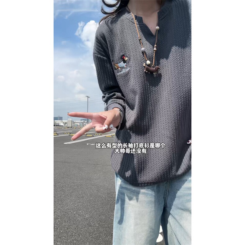 XZ809A/SYR07/特P19/控38肌理感腊肠狗绣花V领长T恤卫衣,男装T恤,星座809A(原222-1)
