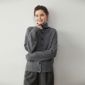 高级感老钱风100%山羊绒立领带扣开衫秋冬新款针织毛衣外套上衣女，女装羊绒衫，蒂暖羊绒