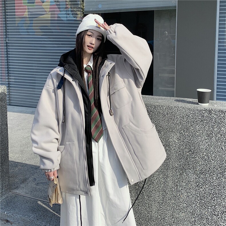EQ158 情侣装冬季毛呢外套2024新款纯色连帽加厚呢子大衣男女同款图片