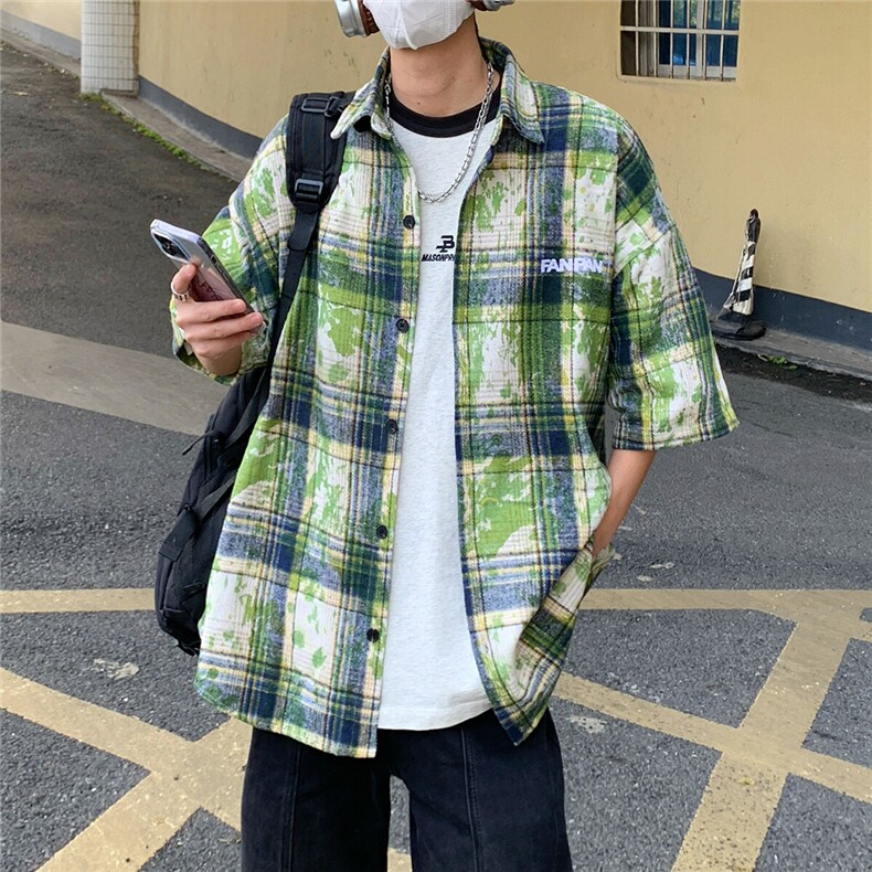 2026夏美式扎染刺绣格子短袖衬衫衬衣五分袖CS1805/特P35绿色8,男装衬衫,电商A094