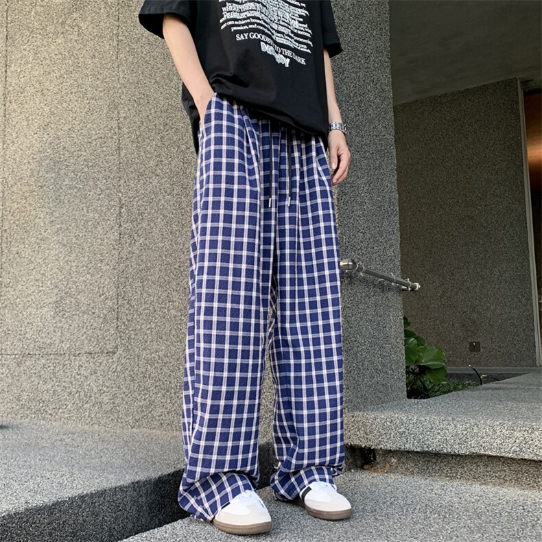 泡泡纱透气蓝色格子休闲裤YK313特批28面料：棉%聚酯纤维75%,男装休闲裤,电商A429