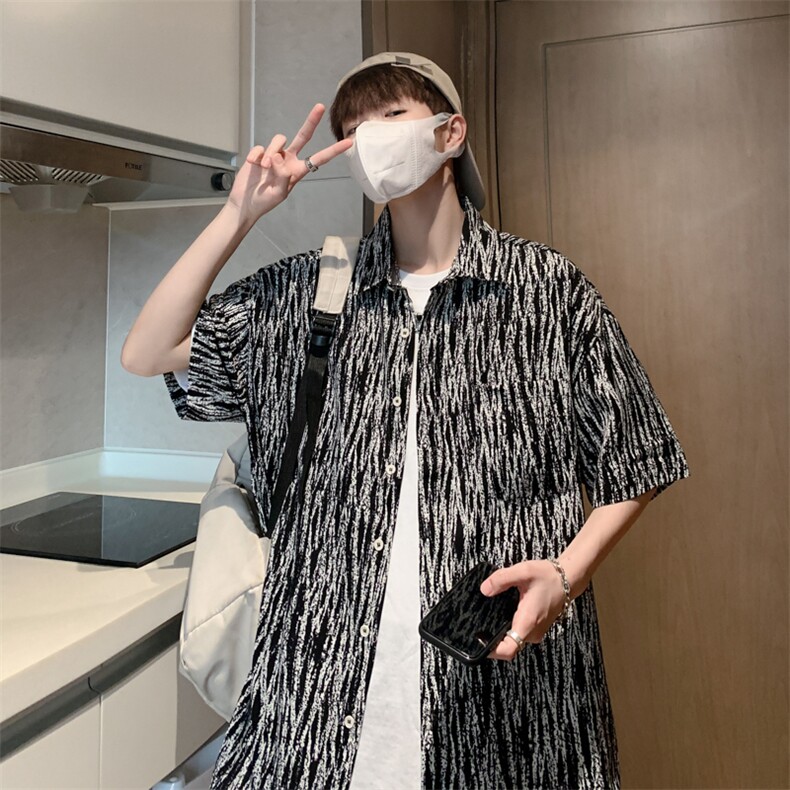 2025夏季新款港风外景冰丝薄款弹力短袖花衬衫男618A-CS005-P45，男装T恤，星座914-4