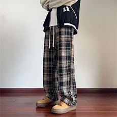 格子毛呢休闲裤男春秋季美式复古宽松直筒阔腿休闲运动长裤子男款，女装休闲裤，星座506A
