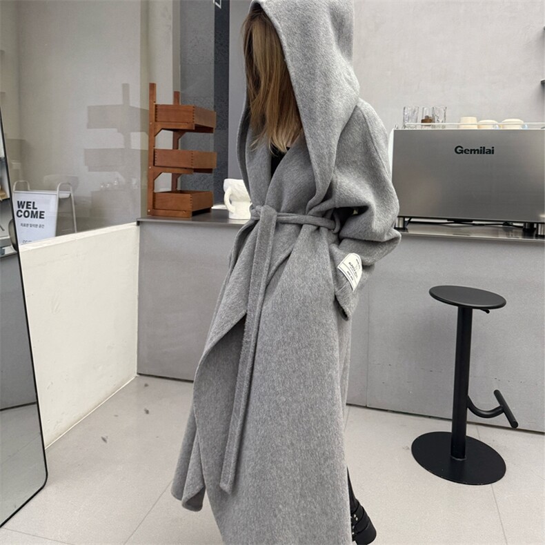 高端连帽系带羊驼绒羊毛大衣女2025秋冬长款女宽松慵懒双面呢外套,女装双面呢大衣,蒙绒特