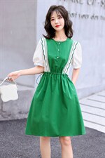 欧洲站2026夏季新款拼接撞色收腰荷叶边甜美泡泡袖衬衫直筒连衣裙，女装连衣裙，兰菲阁