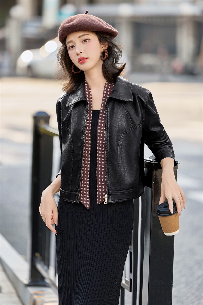 2025海宁秋款皮衣外套女长袖短外套女秋立体小翻领夹克上衣送丝巾,女装皮衣,潮流依族