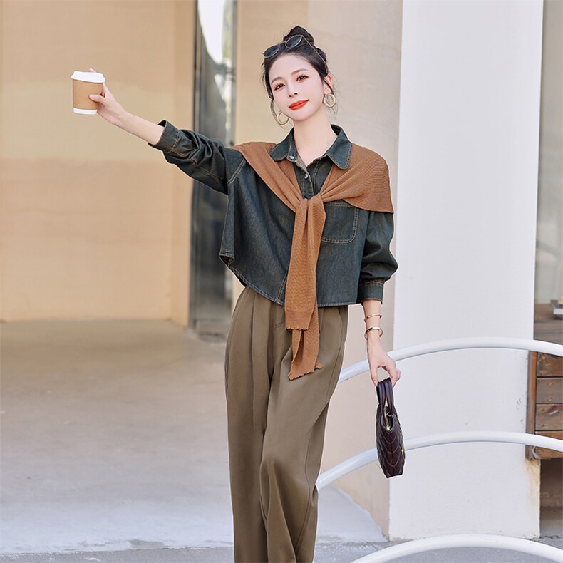 披肩牛仔衬衫阔腿裤套装女春秋洋气时尚2023新款气质女神范三件套，女装套装/套裙，凯瑟曼