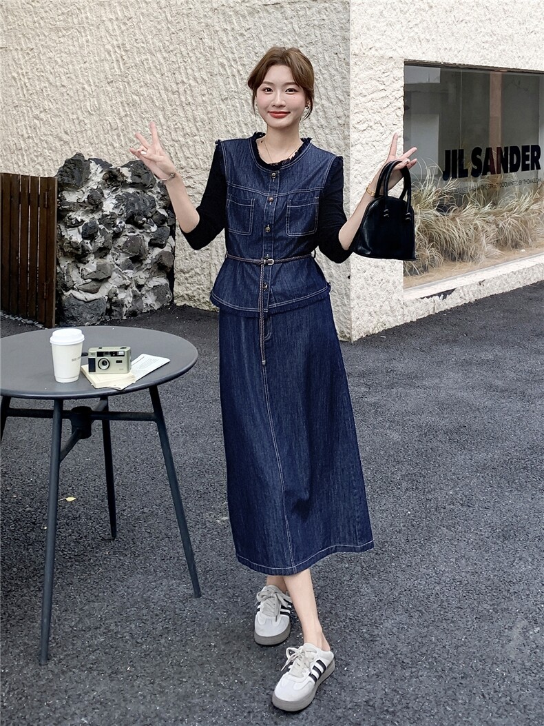 主推现货-2025年秋季新款气质高级感马甲休闲牛仔套装裙女,女装套装/套裙,霓裳依族