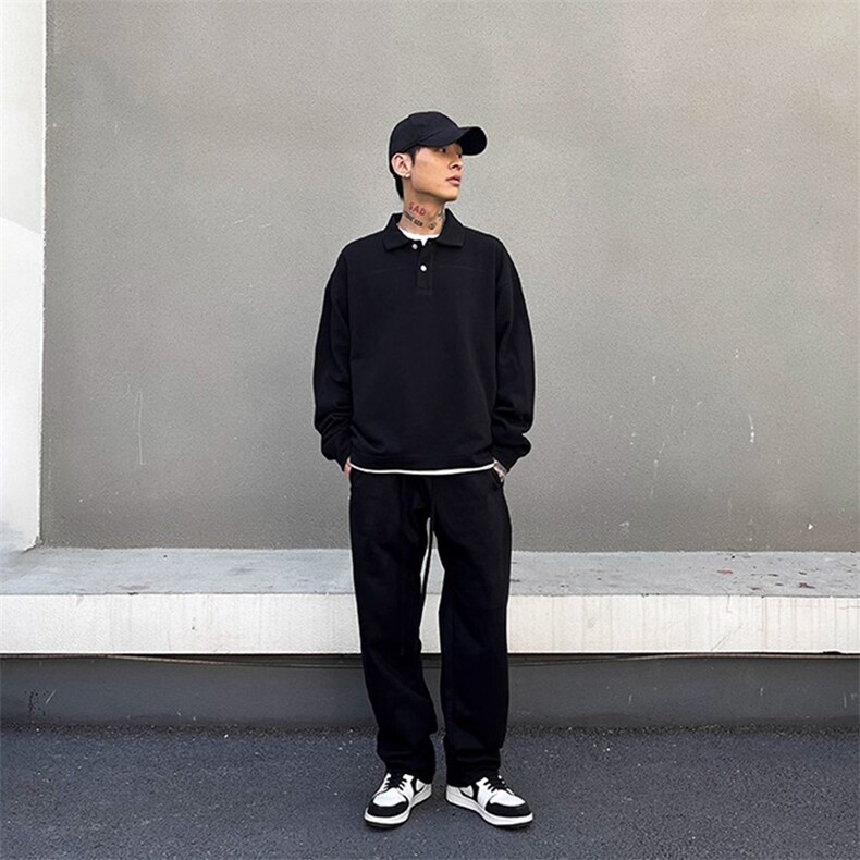抖音得物高品质二开230克精梳珠地光版纯色宽松长袖T恤翻领POLO衫,男装T恤,电商A486