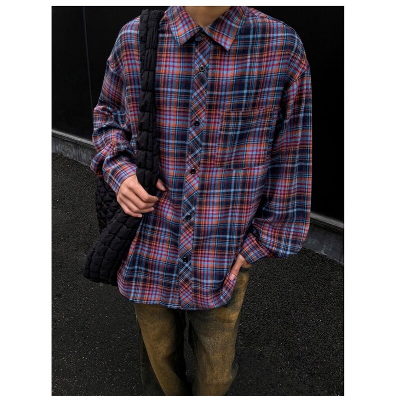 CP1223-P38日系复古格子宽松休闲单排扣口袋长袖格纹衬衫,男装衬衫,电商B323A