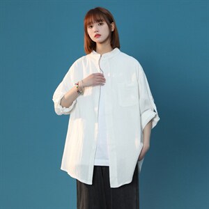 C1020/P28夏款立领五分中袖中性风男女短袖衬衫七分袖大码控38图片