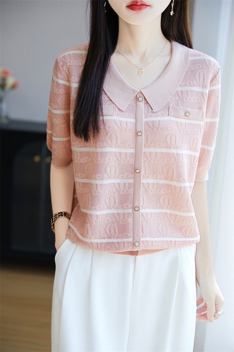 小香风提花翻领短袖t恤女夏新款宽松显瘦百搭气质条纹polo领上衣,针织衫/毛衣,郡淞羊绒