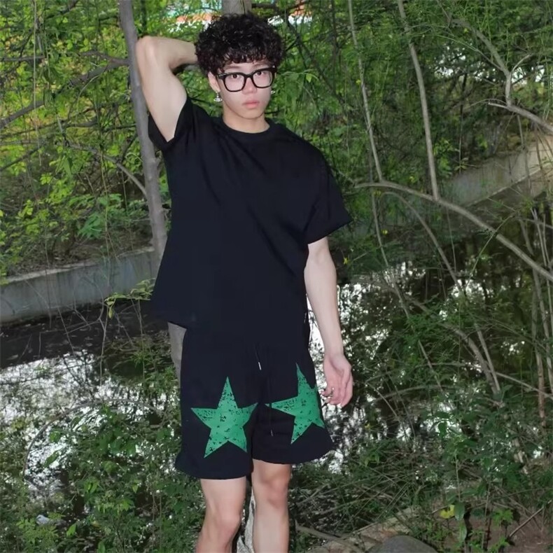 美式高街五角星短裤子女夏季薄款宽松休闲运动阔腿五分中裤潮ins,男装牛仔裤,星座1210-1