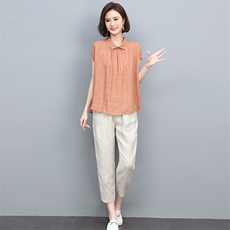 2022年夏装新款苎麻刺绣T恤衬衫女棉麻宽松九分裤套装，女装套装/套裙，忆绮罗