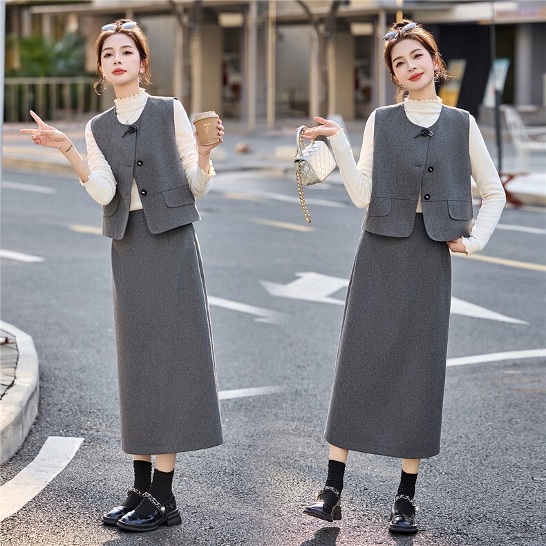 时尚马甲打底衫半身裙套装女2026春新款含羊毛通勤气质穿搭三件套,女装套装/套裙,冬木谷雨